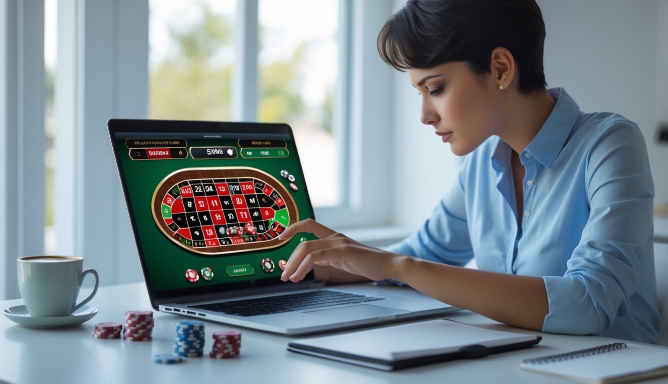 Seseorang yang tenang dan fokus duduk di meja modern bermain roulette online di laptop dengan catatan dan chip di dekatnya.