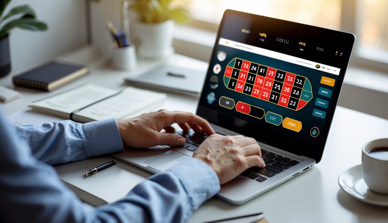Tangan seseorang menggunakan laptop dengan tampilan permainan roulette online di meja kerja yang rapi.