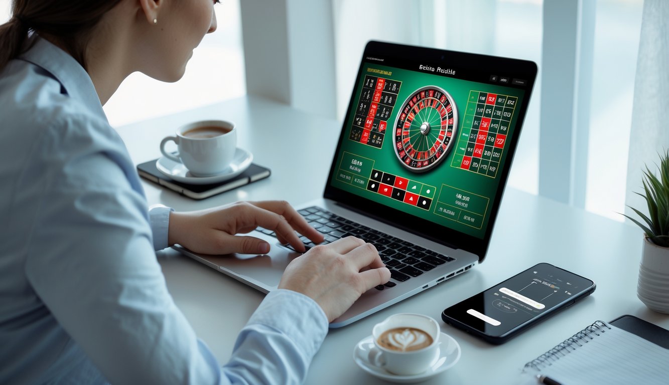 Seseorang sedang bermain roulette online dengan fokus di depan laptop di ruangan yang terang dan rapi.
