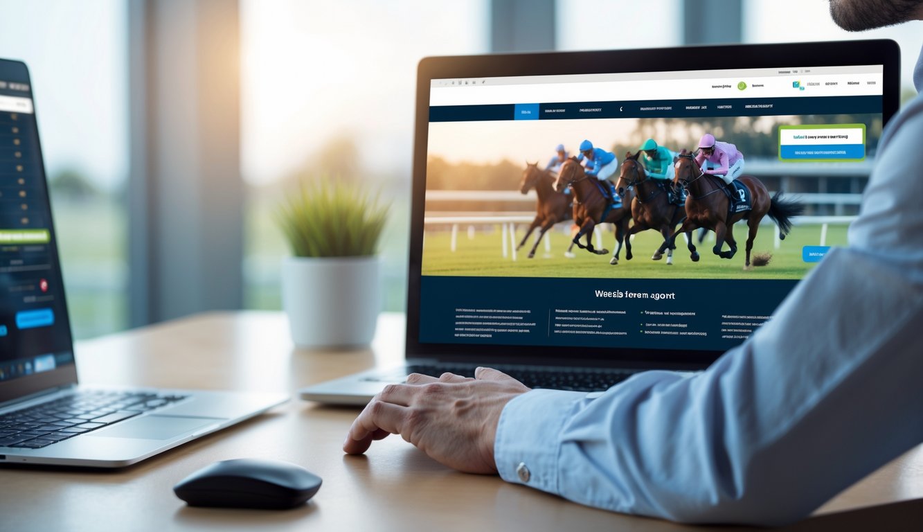 Seseorang menggunakan laptop di meja kerja dengan latar belakang gambar kuda pacuan yang sedang berlari.
