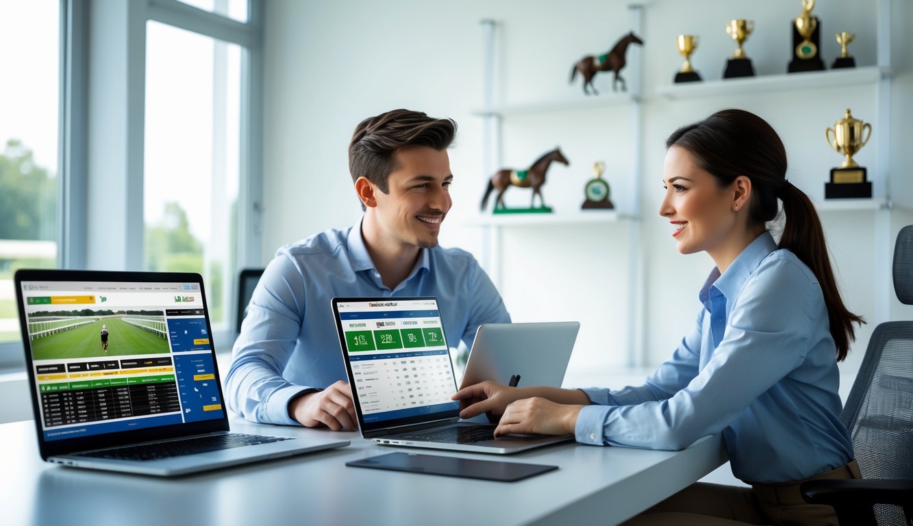 Dua orang dewasa muda duduk di meja dengan laptop dan tablet yang menampilkan data balap kuda, terlihat fokus dan berdiskusi di ruangan kantor yang terang dan rapi.