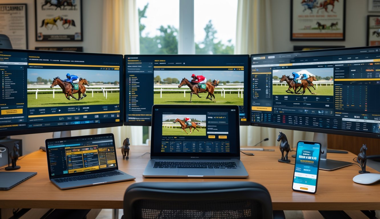 Seseorang sedang menggunakan komputer dan perangkat digital untuk menonton balap kuda secara langsung dan memasang taruhan online di ruang kerja rumah.