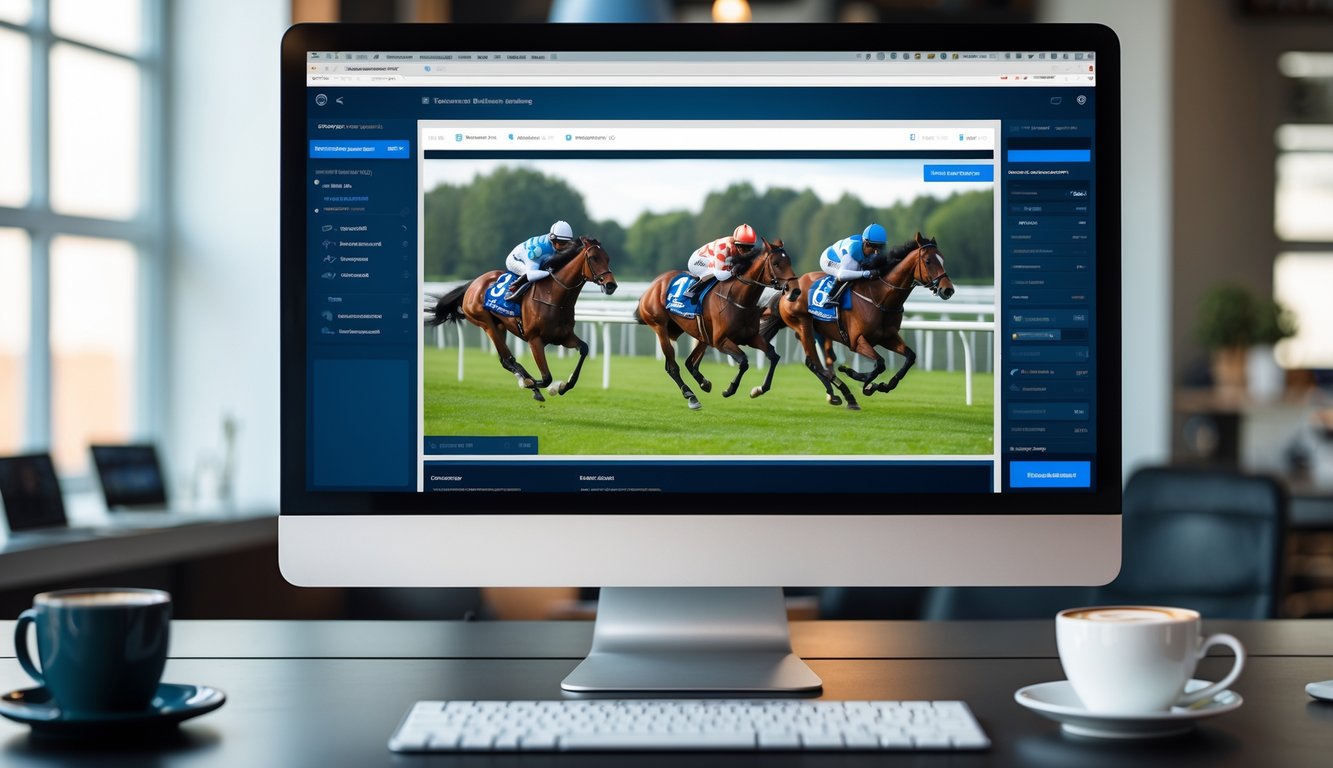 Seorang pengguna melihat balapan kuda secara langsung di layar komputer di lingkungan kerja yang nyaman.