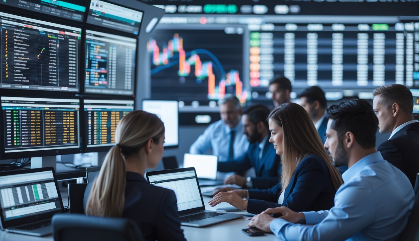 Orang-orang sedang menggunakan komputer dan ponsel untuk memasang taruhan balap kuda secara online di ruang kerja modern dengan layar besar menampilkan data balapan.