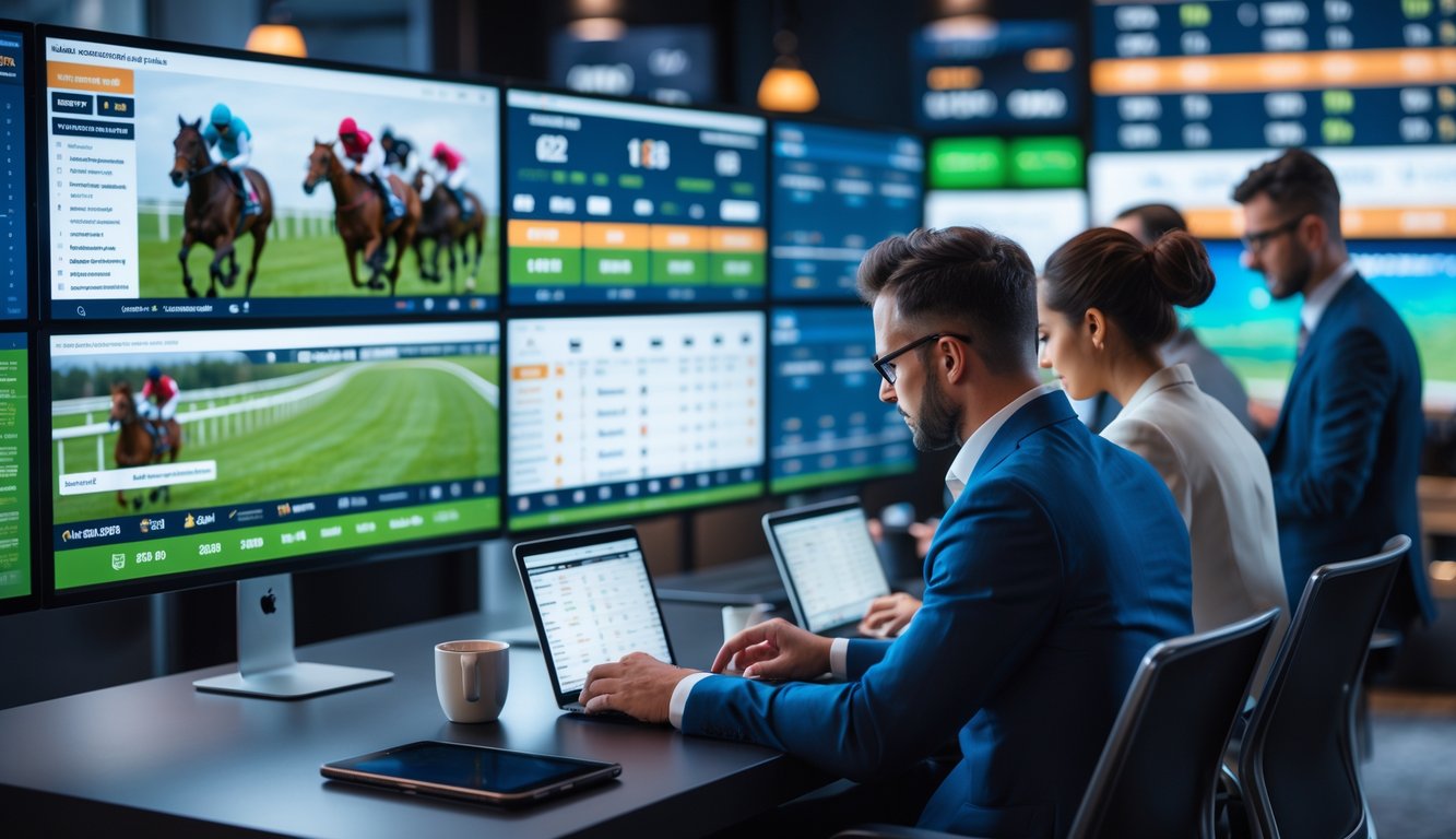 Orang-orang menggunakan perangkat digital untuk memasang taruhan balap kuda secara online dengan layar menampilkan statistik dan balapan kuda.