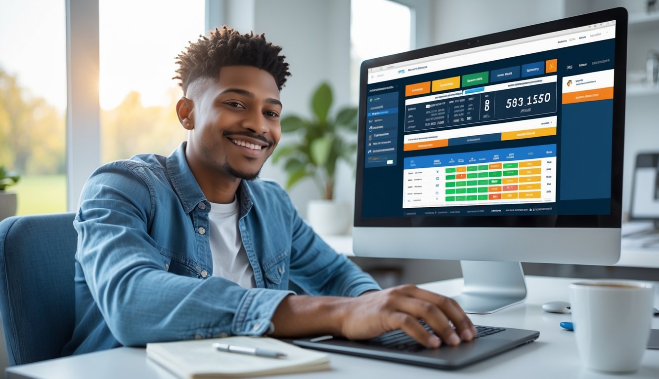 Seorang dewasa muda duduk di meja dengan laptop yang menampilkan situs taruhan balap kuda online, terlihat santai dan percaya diri di ruang kerja rumah yang terang.