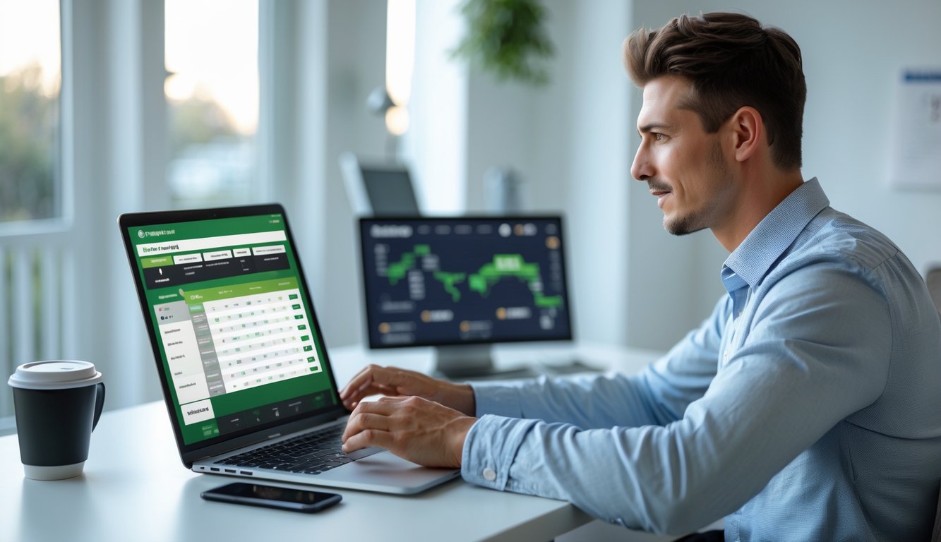 Seorang pria muda duduk di depan laptop di ruang kerja rumah, fokus pada layar yang menunjukkan situs taruhan balap kuda online.