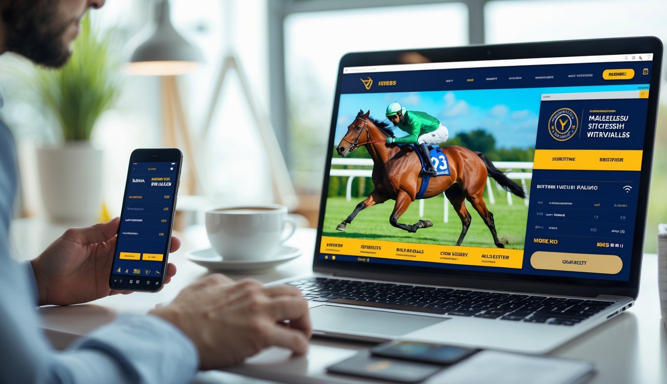 Seseorang menggunakan laptop dengan tampilan situs balap kuda online di meja kerja yang terang dan rapi.