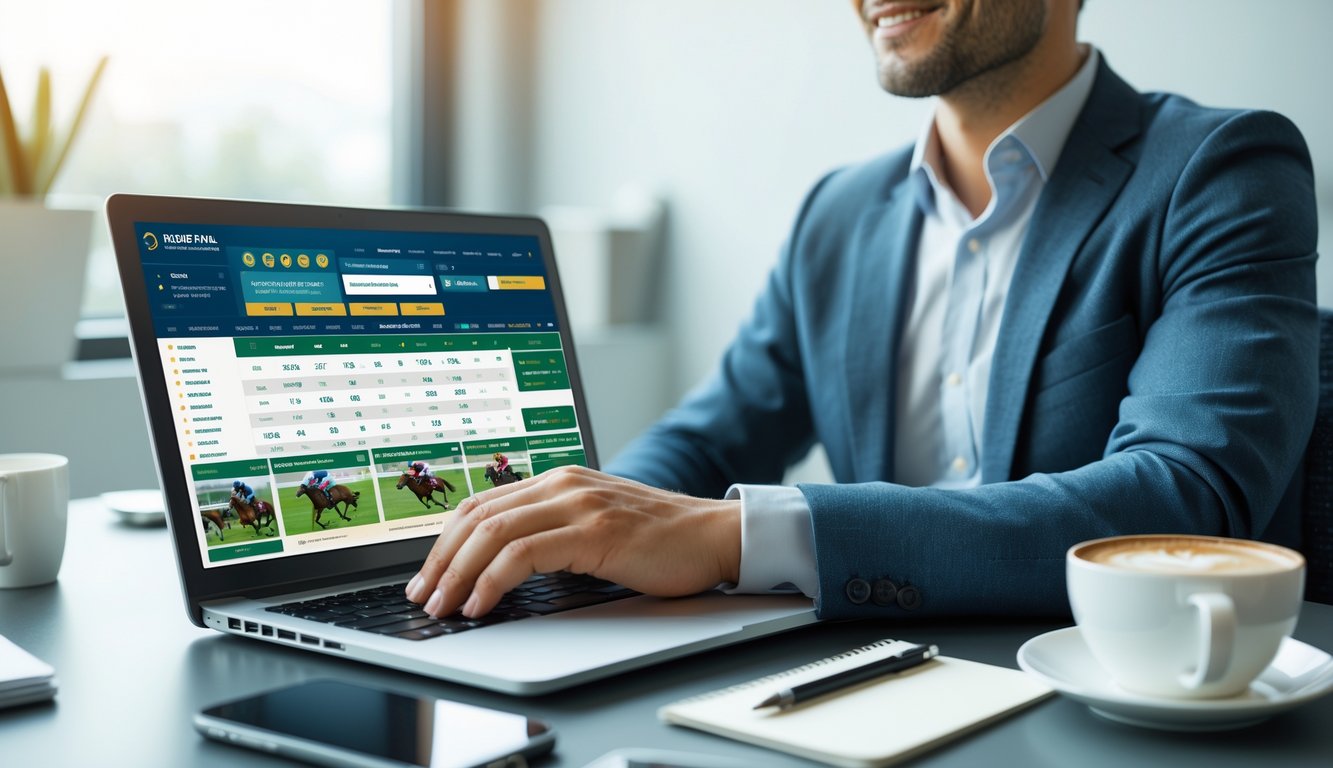 Seseorang menggunakan laptop di kantor modern dengan tampilan layar yang menampilkan grafik balap kuda, menunjukkan aktivitas taruhan balap kuda online.