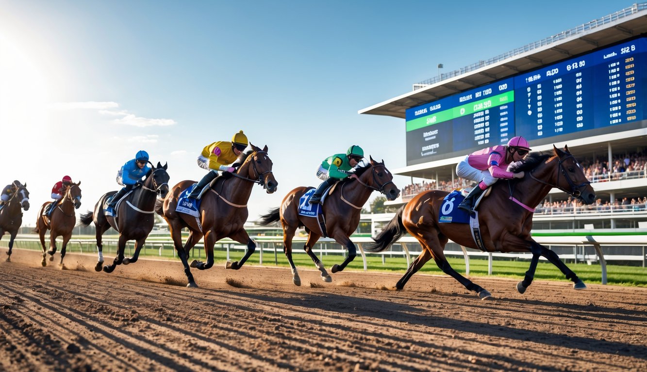 Beberapa kuda pacuan dengan joki berwarna-warni berlari kencang di lintasan balap dengan penonton di tribun dan papan skor digital di latar belakang.