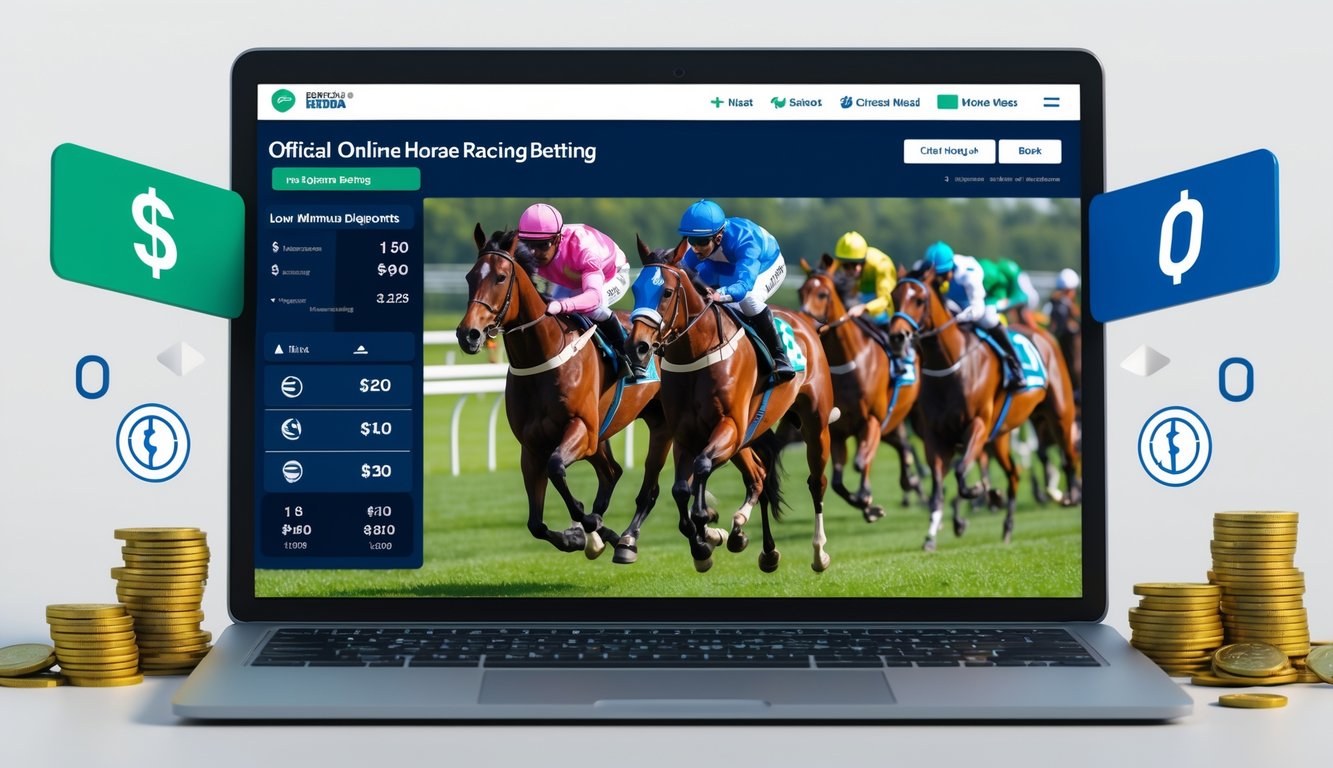 Layar komputer menampilkan situs taruhan balap kuda online dengan latar belakang balapan kuda yang sedang berlangsung di lintasan hijau.