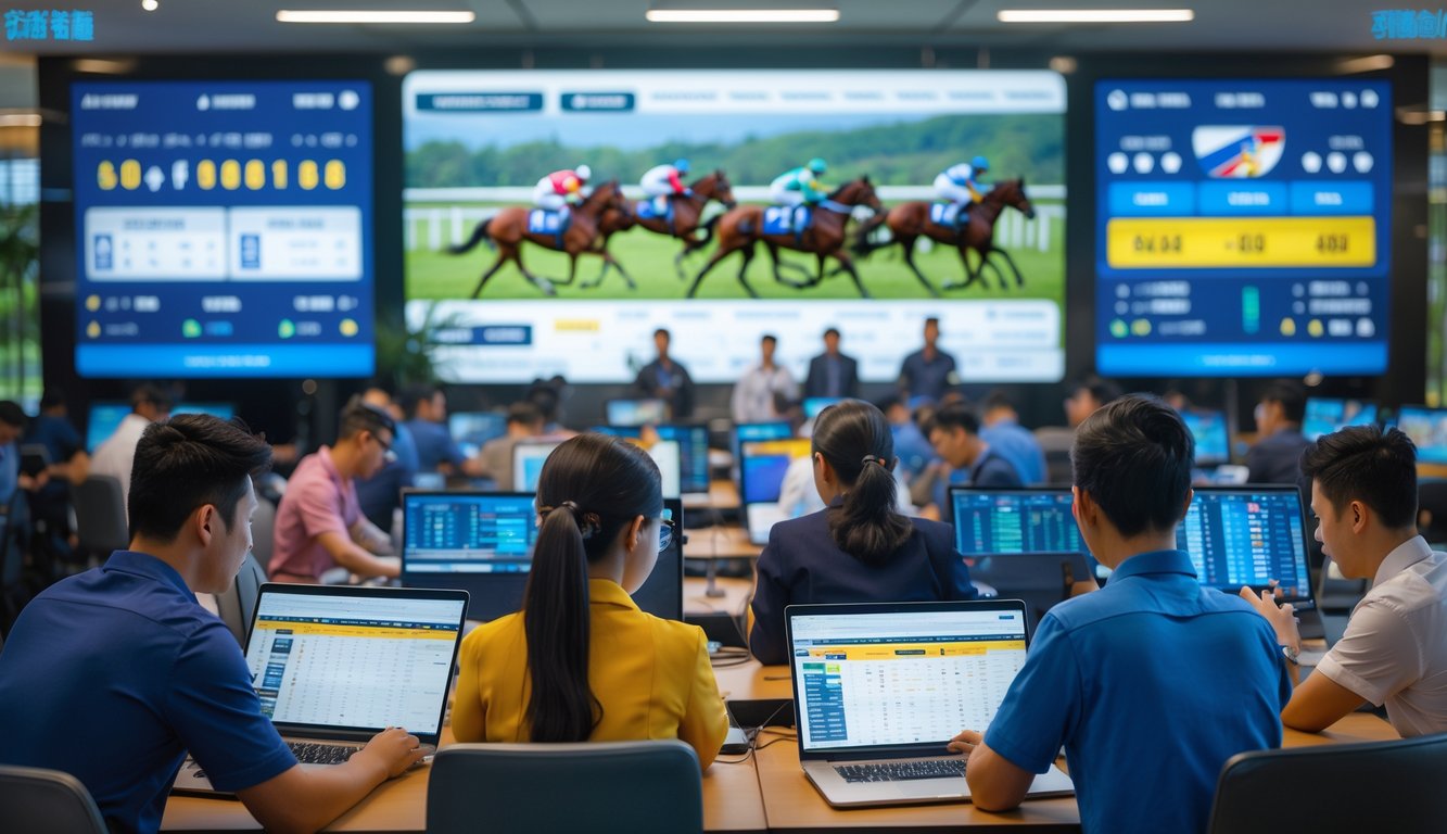 Sekelompok orang muda menggunakan laptop dan ponsel di kantor modern dengan layar besar menampilkan balap kuda dan data taruhan.
