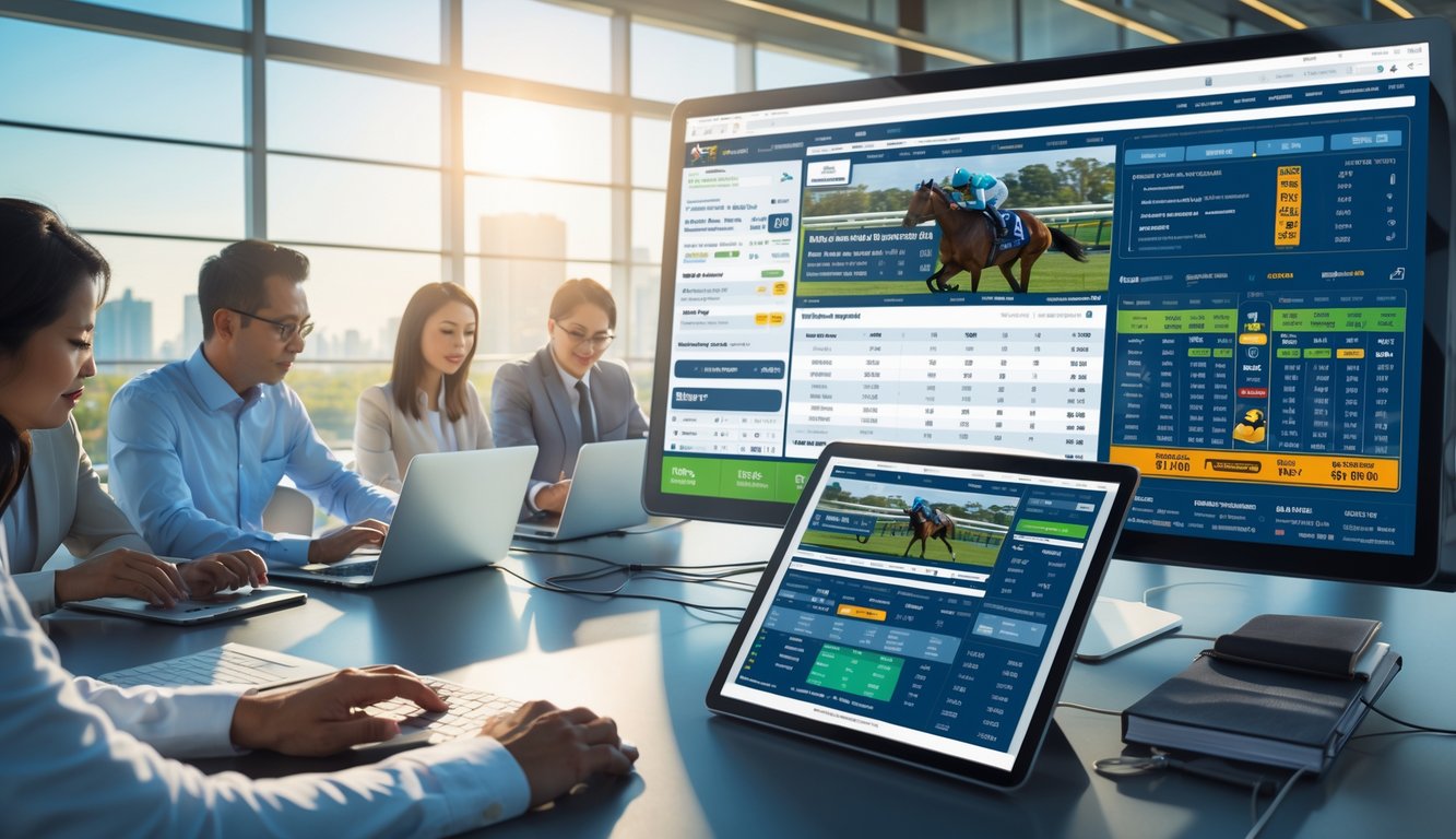 Sejumlah profesional menggunakan perangkat digital untuk memasang taruhan balap kuda secara online di kantor modern dengan pemandangan kota di latar belakang.