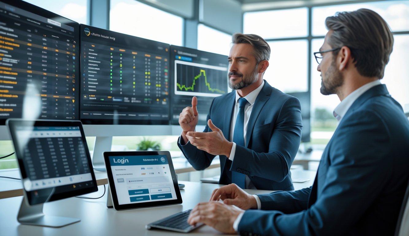 Seorang pria dan wanita berdiskusi di kantor modern dengan layar digital yang menampilkan data balap kuda.