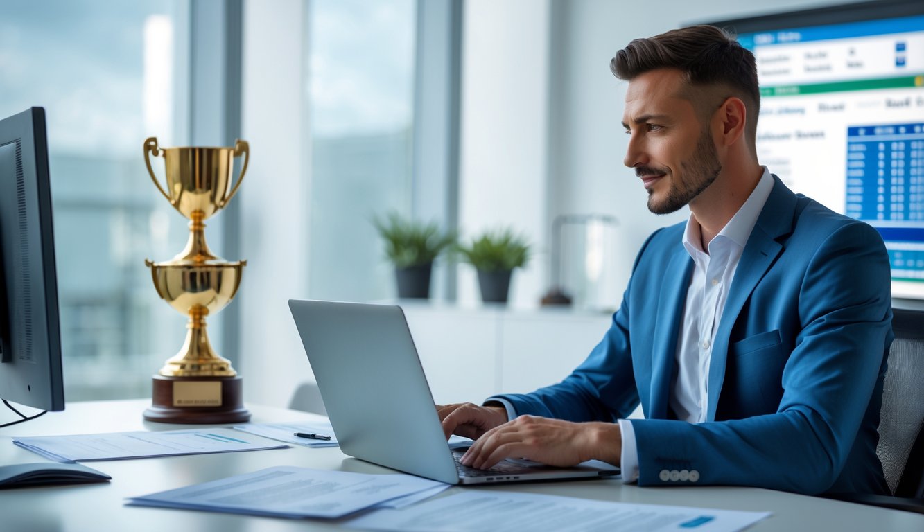 Seorang profesional duduk di meja kantor modern menggunakan laptop dengan latar belakang elemen terkait balap kuda online.
