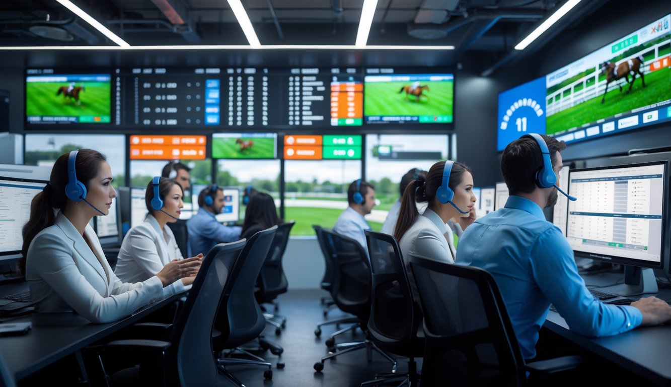 Tim layanan pelanggan bekerja di kantor modern dengan layar menampilkan data balap kuda dan taruhan secara online.