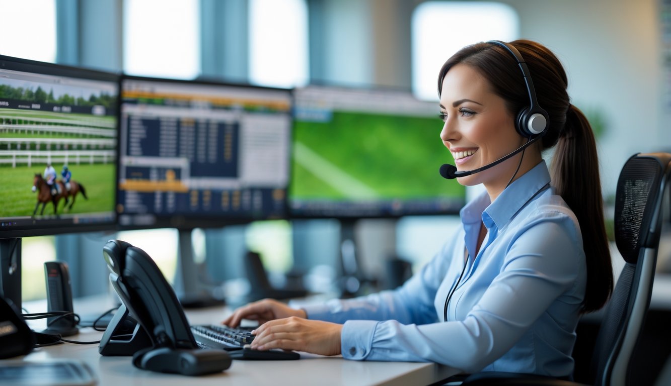 Seorang petugas layanan pelanggan dengan headset sedang bekerja di kantor modern dengan layar yang menampilkan data dan siaran balap kuda.