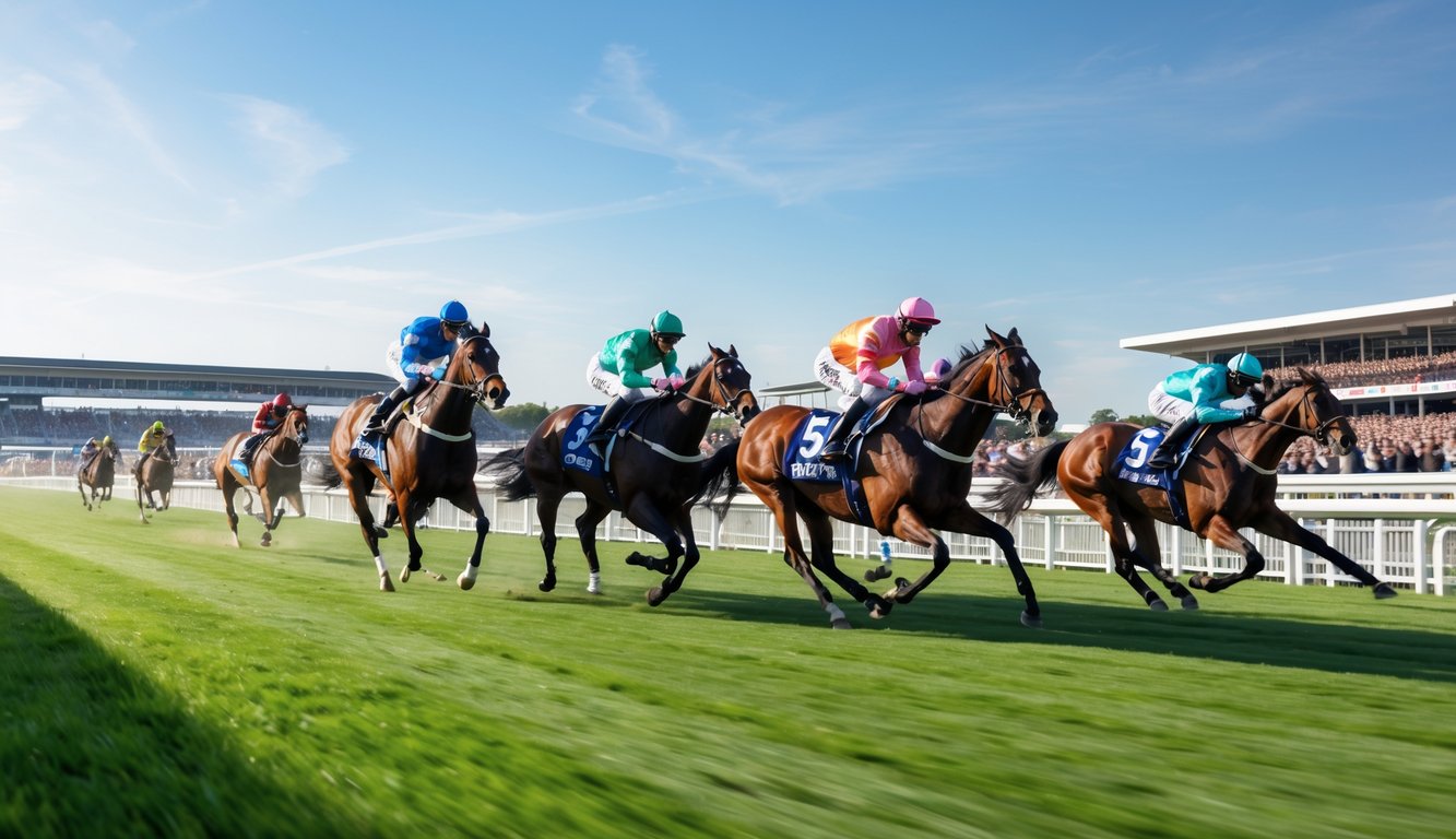 Balapan kuda dengan beberapa joki yang sedang berlomba di lintasan rumput, di depan penonton yang ramai di tribun.