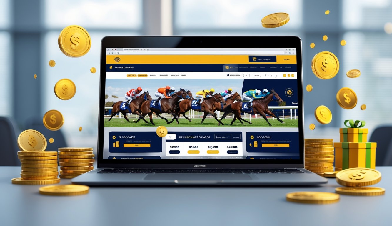 Seorang pengguna bekerja dengan laptop yang menampilkan situs taruhan balap kuda online, dikelilingi ikon promosi cashback dan bonus harian.