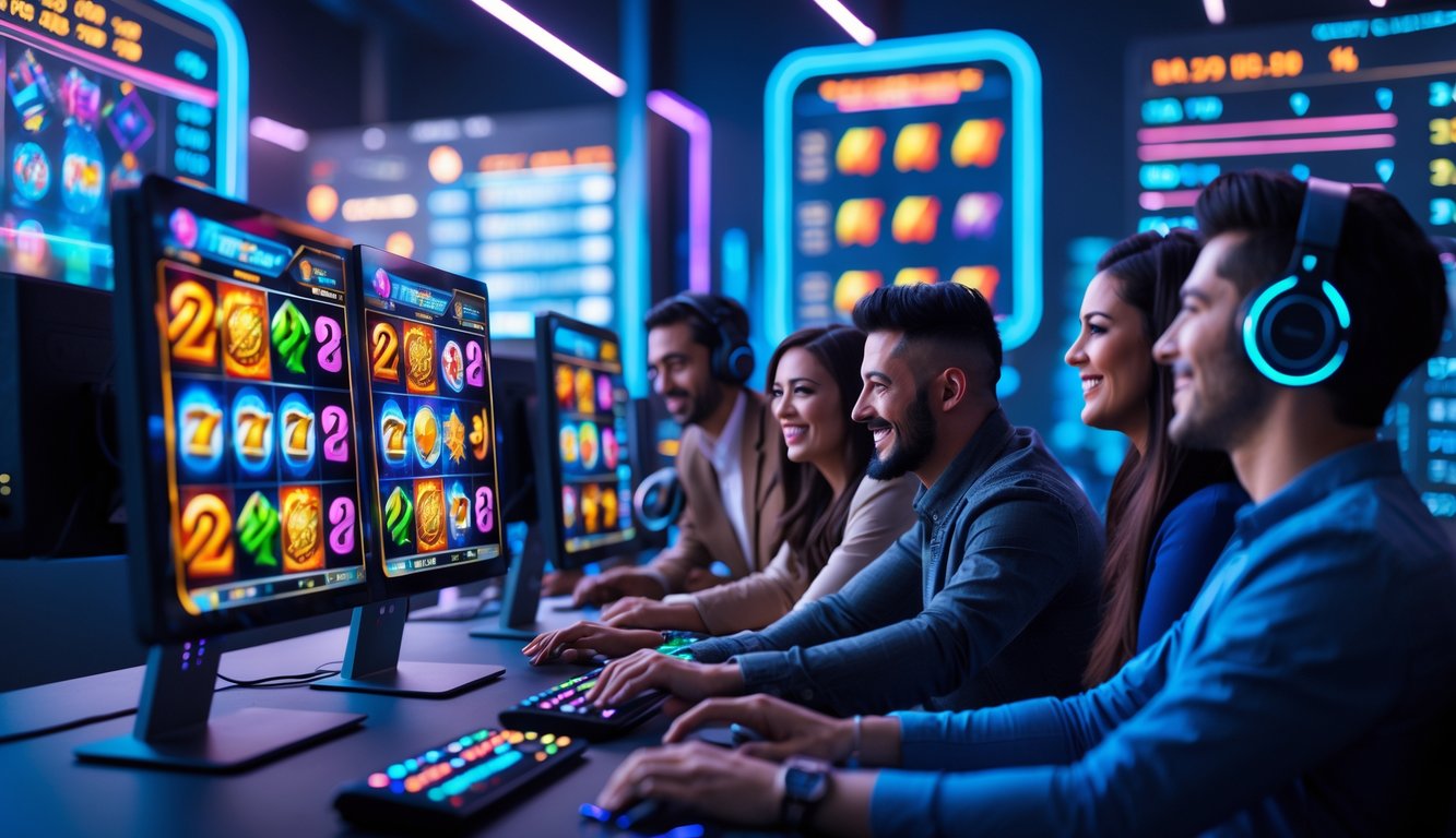 Orang-orang sedang bermain mesin slot online di ruang modern dengan layar komputer dan lampu neon.