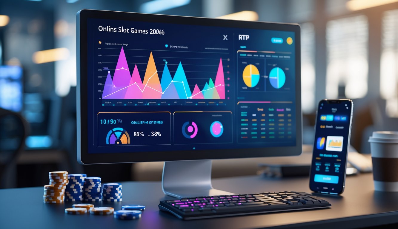 Sebuah ruang kerja modern dengan komputer menampilkan grafik dan statistik permainan slot online, diiringi perlengkapan gaming di atas meja.