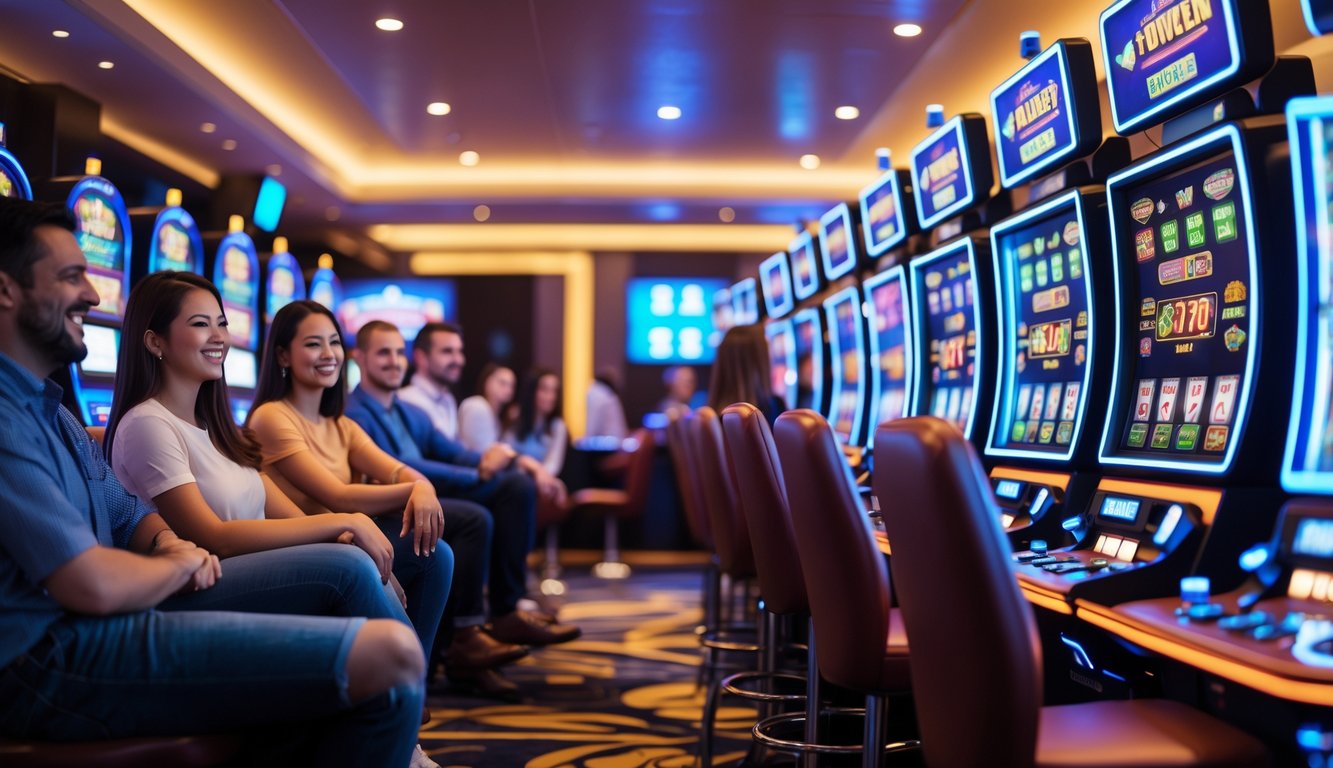 Sejumlah mesin slot modern berwarna-warni dalam suasana kasino yang cerah dengan beberapa pemain yang tampak senang dan santai menikmati permainan.