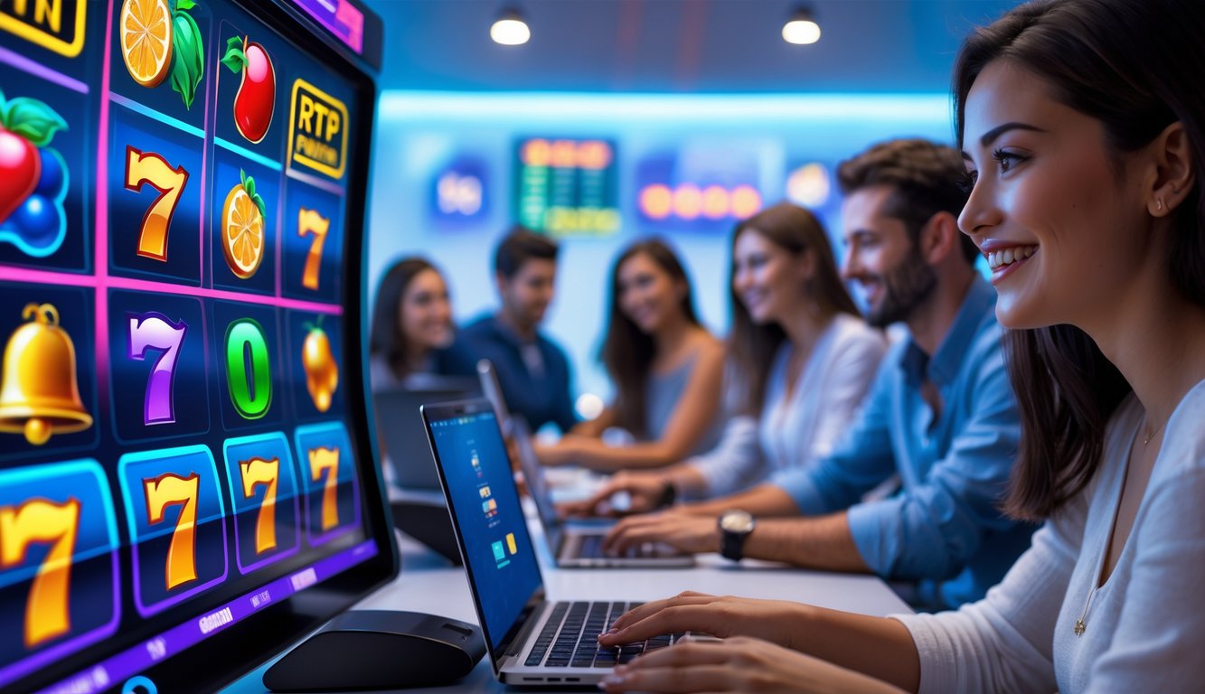 Orang-orang bermain mesin slot digital di lingkungan kasino modern dengan suasana cerah dan menyenangkan.