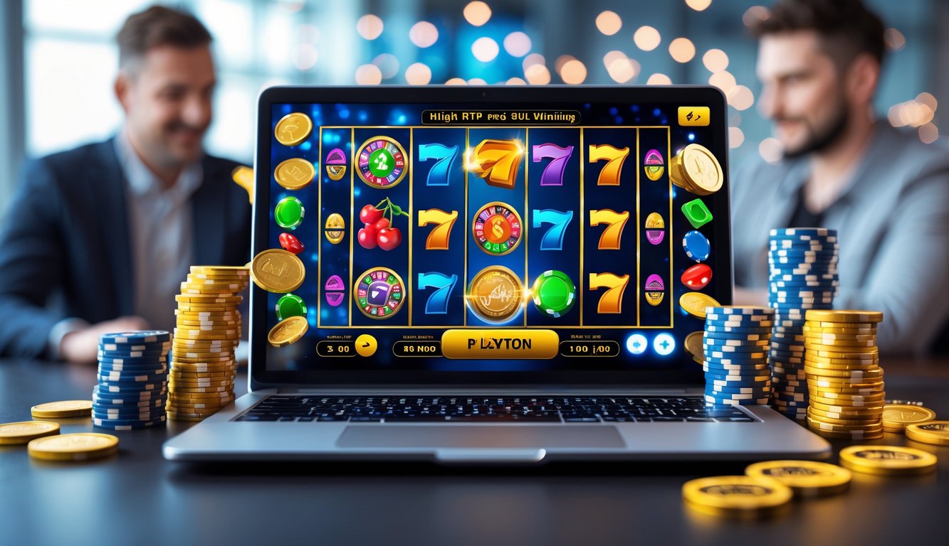 Seorang pemain menggunakan laptop dengan tampilan permainan slot online penuh warna di meja yang rapi, dikelilingi tumpukan chip kasino dan grafik kemenangan.