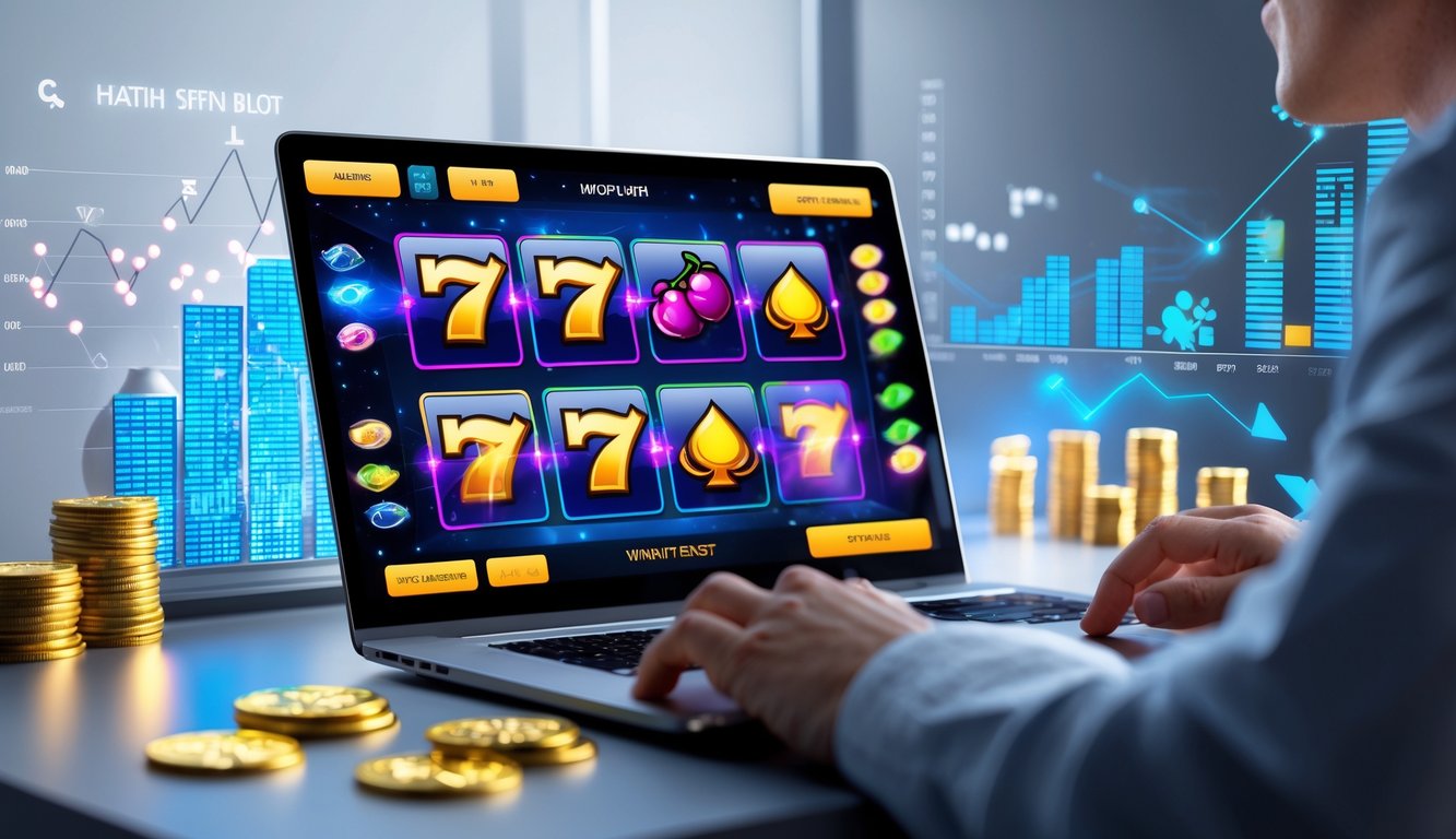Sebuah layar komputer menampilkan permainan slot online dengan simbol warna-warni dan grafik yang menunjukkan keberhasilan bermain.