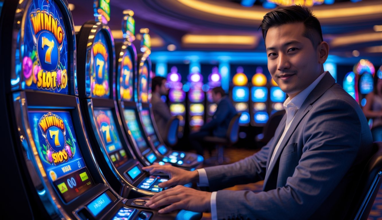 Seorang pemain menekan tombol mesin slot di kasino modern dengan mesin slot berwarna cerah di malam hari.