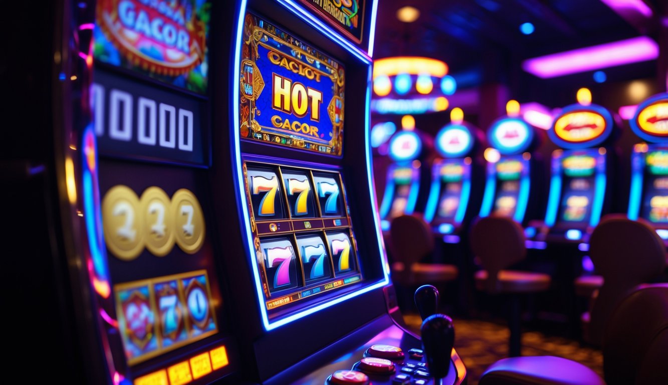 Mesin slot berwarna-warni dengan lampu menyala di kasino pada malam hari, menunjukkan suasana penuh semangat dan peluang jackpot.