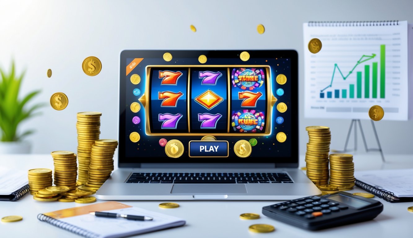 Sebuah meja dengan komputer yang menampilkan permainan slot online berwarna-warni, dikelilingi oleh tumpukan koin kecil dan alat tulis yang menunjukkan pertumbuhan keuangan.