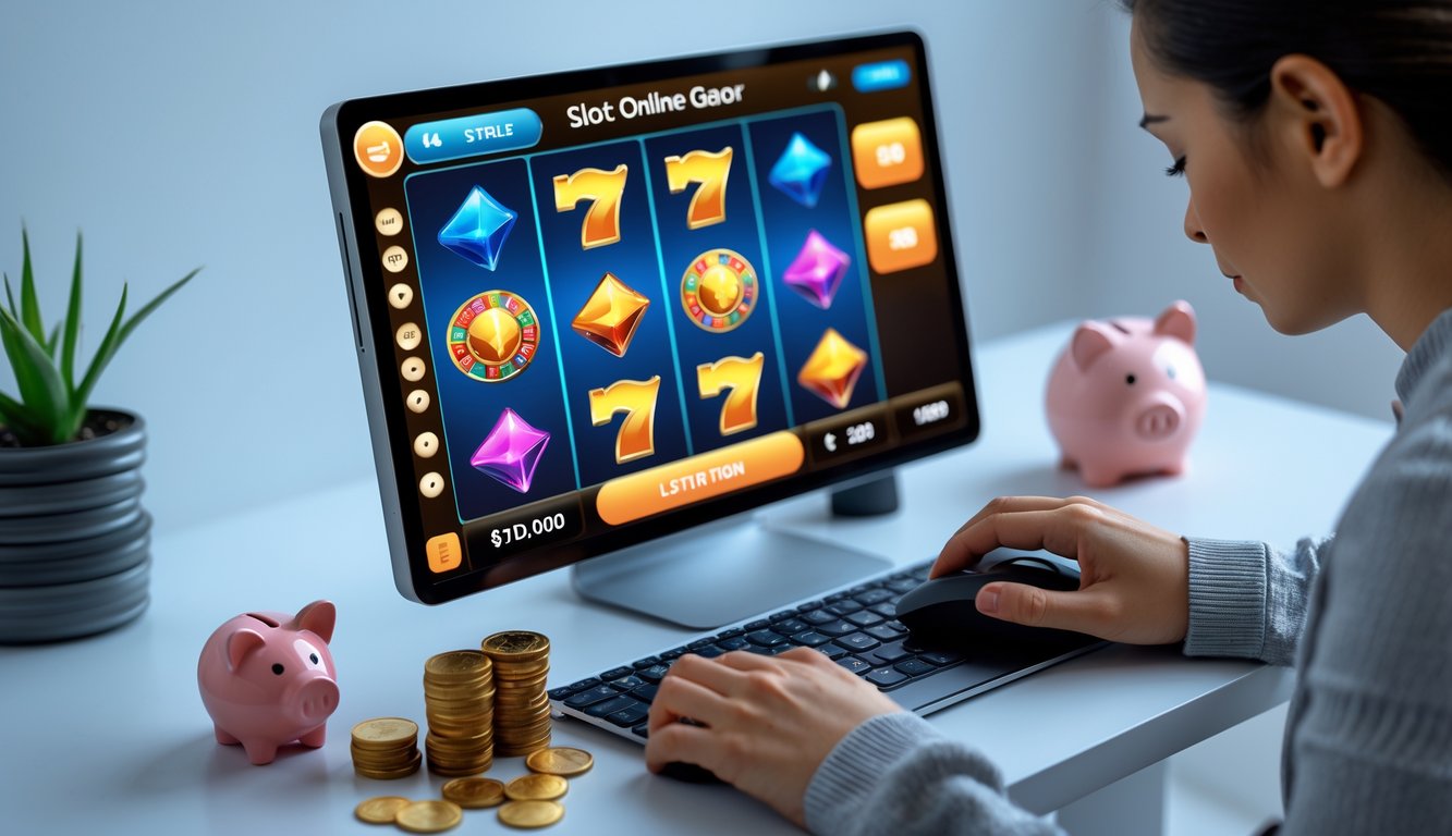 Seorang pemain sedang menggunakan komputer dengan permainan slot online yang menampilkan gulungan berwarna-warni, dikelilingi oleh koin dan celengan kecil.