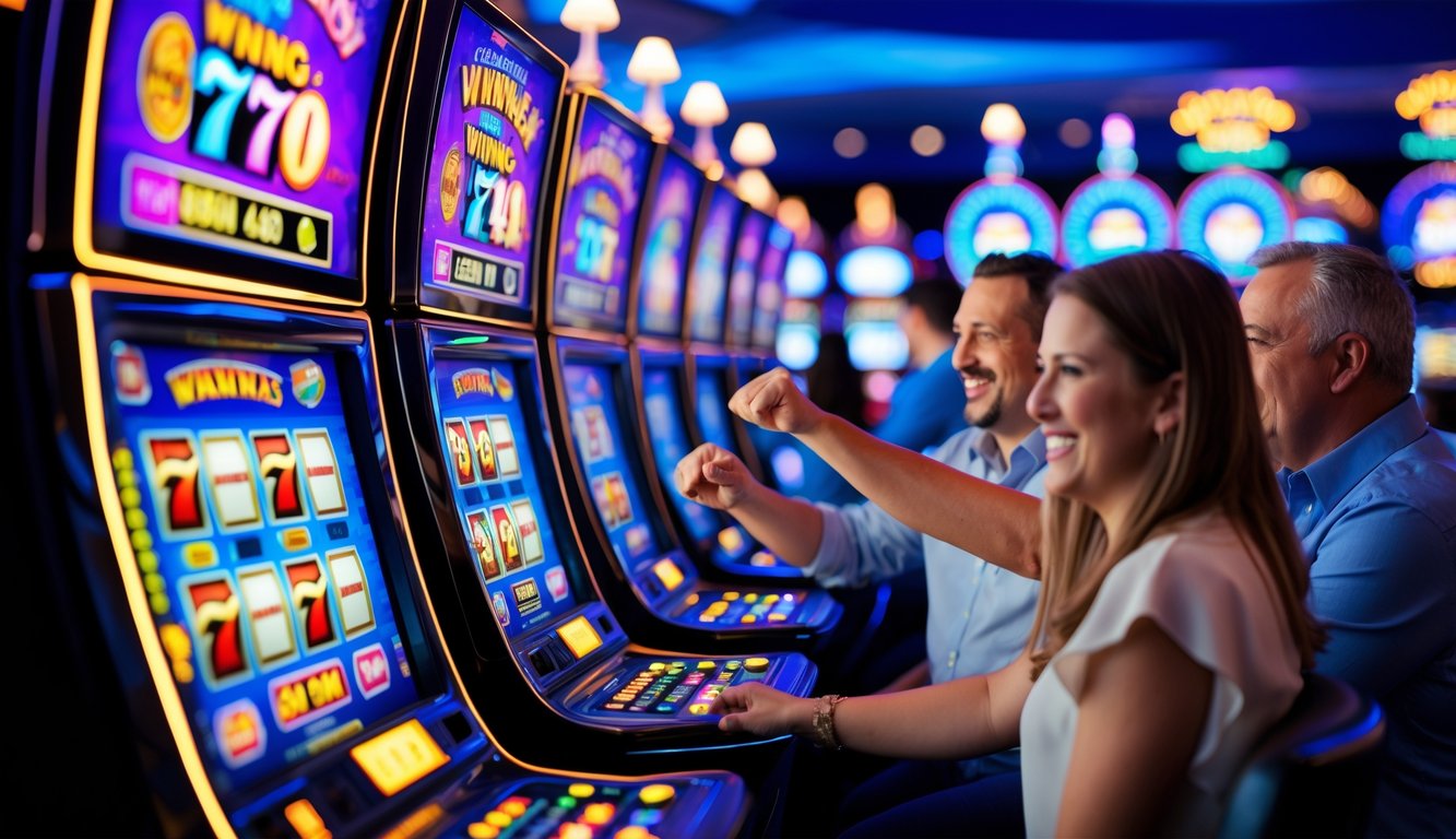 Beberapa orang bermain mesin slot yang berwarna-warni di kasino modern dengan suasana cerah dan menyenangkan.