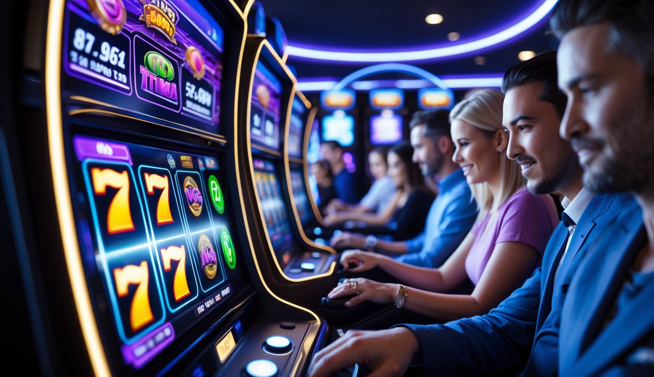 Orang-orang bermain mesin slot modern di ruang kasino dengan layar warna-warni dan grafik digital yang menunjukkan statistik permainan.