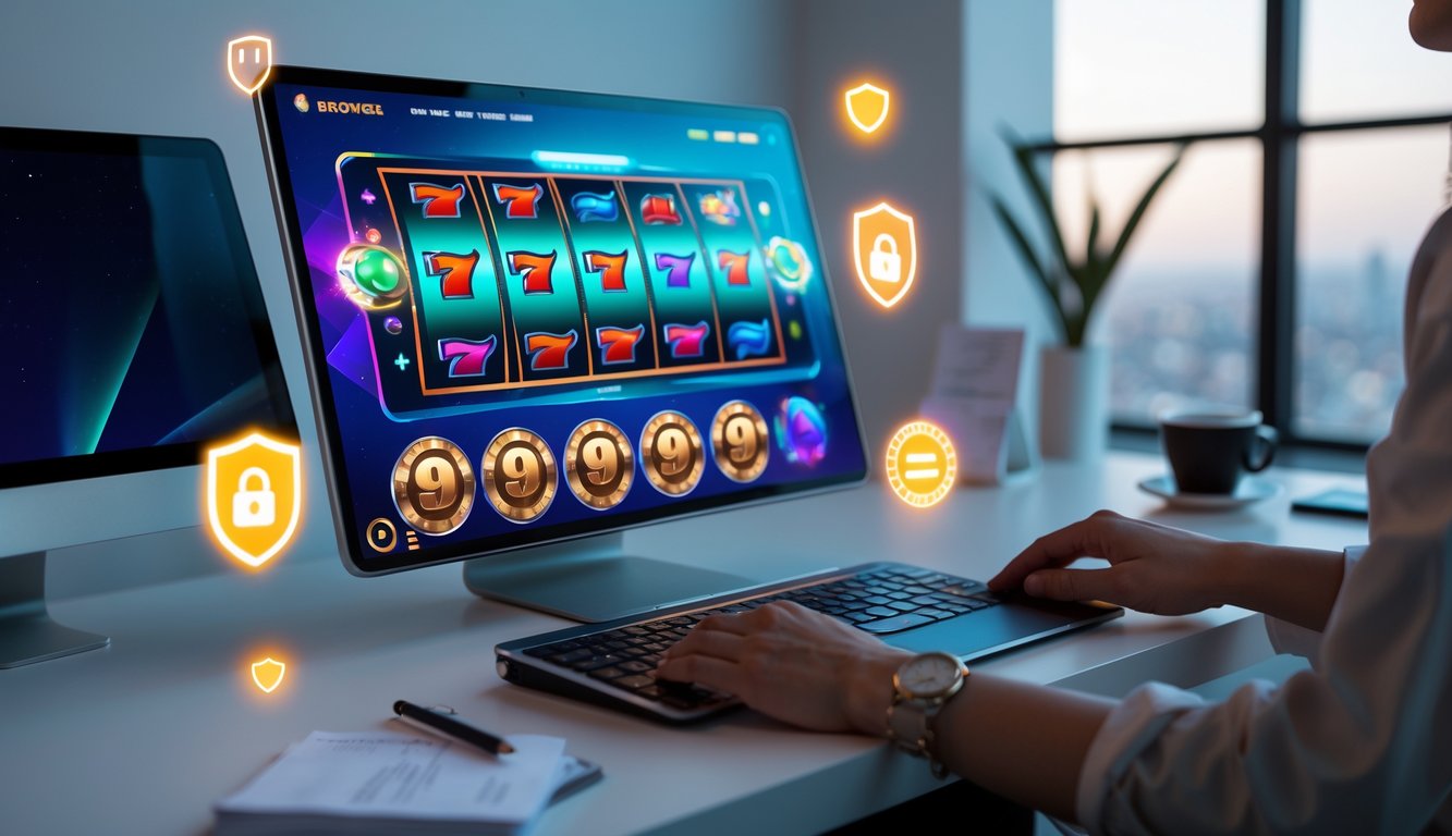 Seorang pengguna sedang bermain mesin slot online di komputer dengan latar ruang kerja yang rapi dan pencahayaan terang.