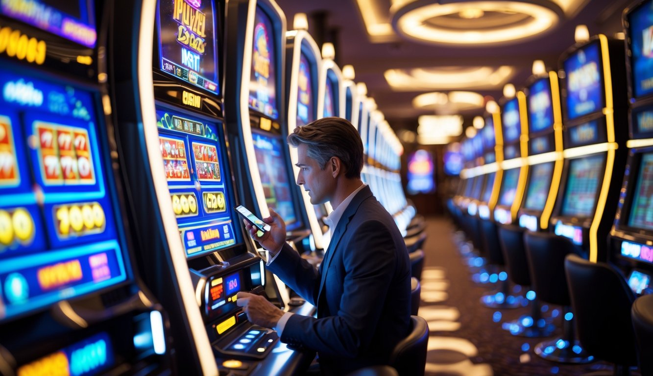 Seorang pemain dewasa sedang memperhatikan mesin slot di kasino modern yang terang dan mewah.