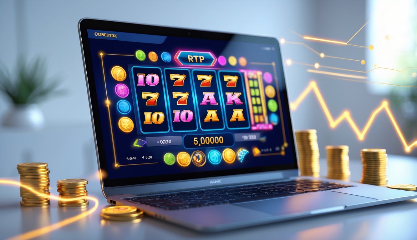 Layar komputer menampilkan permainan slot online dengan simbol warna-warni dan indikator RTP tinggi, dikelilingi oleh elemen yang menunjukkan pola kemenangan dan keberhasilan.
