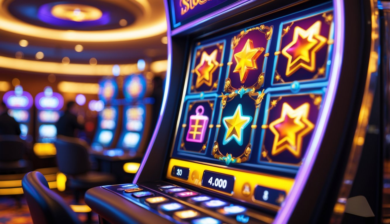 Mesin slot kasino modern dengan gulungan berwarna-warni yang sedang berputar di dalam suasana kasino yang ramai.