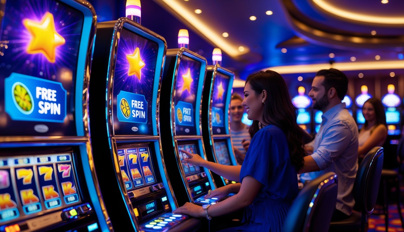 Suasana kasino modern dengan mesin slot yang menyala dan pemain yang sedang bermain.