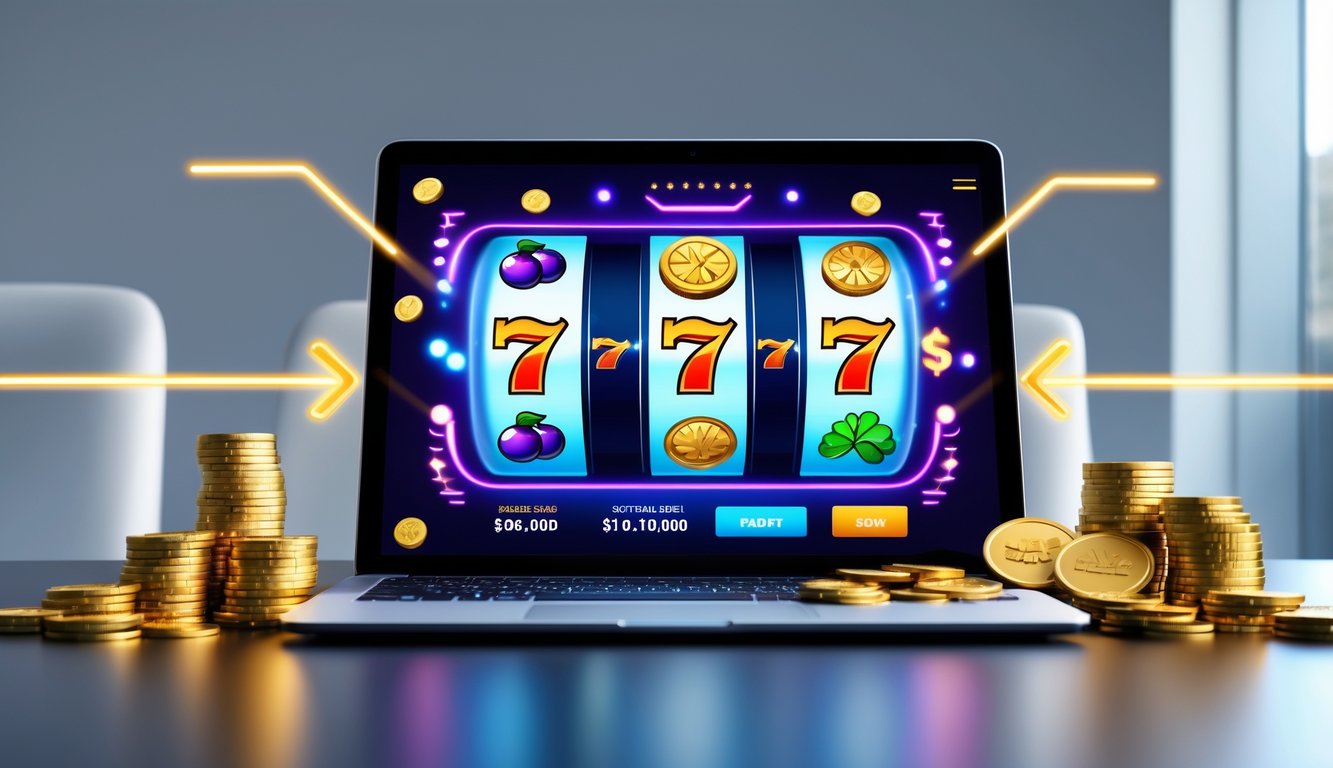 Sebuah komputer dengan tampilan permainan slot online berwarna-warni dan tumpukan chip kasino serta koin emas di sekitarnya.