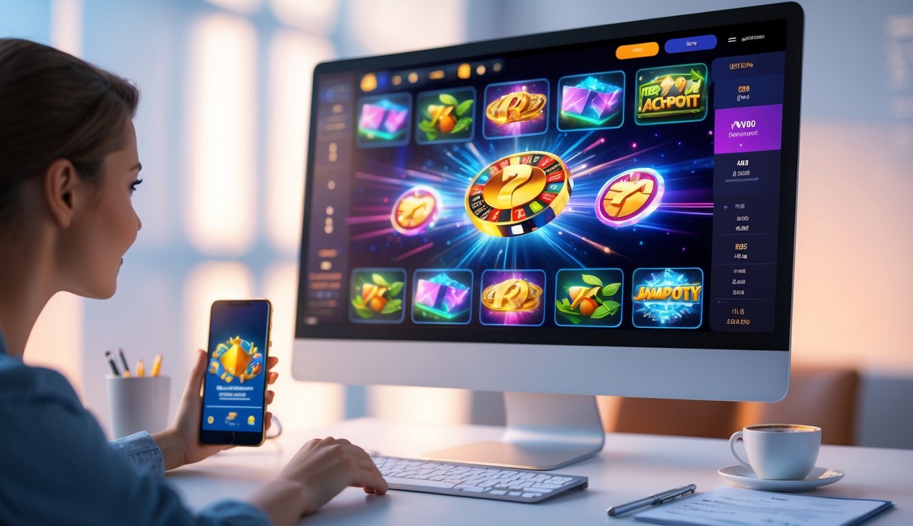 Sebuah meja kerja dengan monitor menampilkan permainan slot online berwarna-warni dan perangkat pendukung seperti ponsel dan catatan strategi.