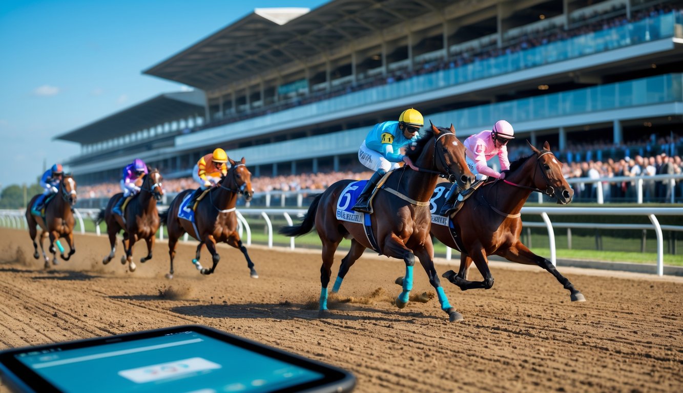 Beberapa kuda pacuan dengan joki sedang berlari di lintasan balap dengan tribun penonton penuh di latar belakang.