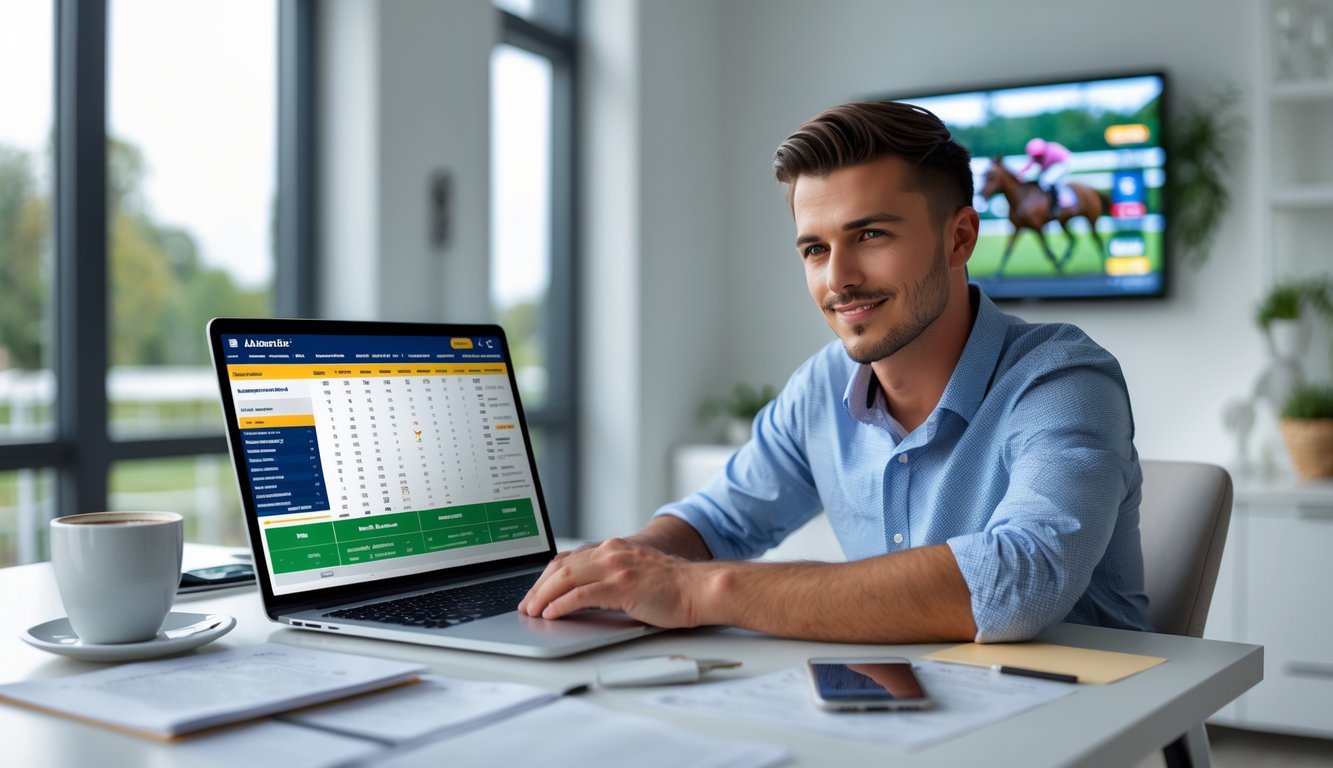 Seorang pria muda duduk di meja dengan laptop, memperhatikan data pacuan kuda dan taruhan di layar komputer.