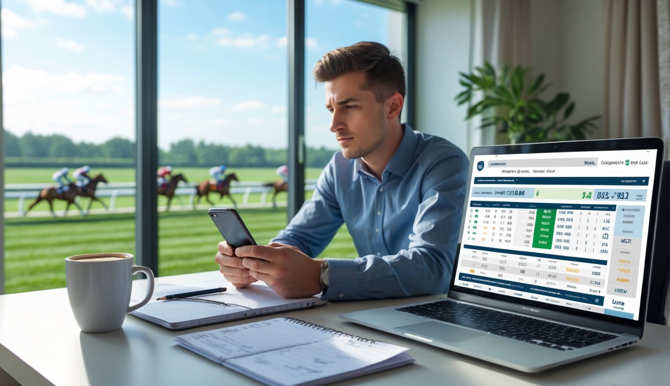 Seorang pemula sedang fokus mempelajari strategi taruhan kuda pacuan di depan laptop dengan latar belakang lintasan pacuan kuda.