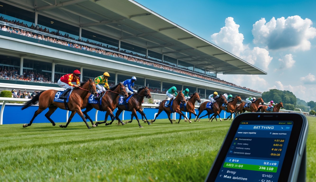 Orang-orang menonton balapan kuda internasional di arena pacuan dengan kuda dan joki berlari di lintasan.
