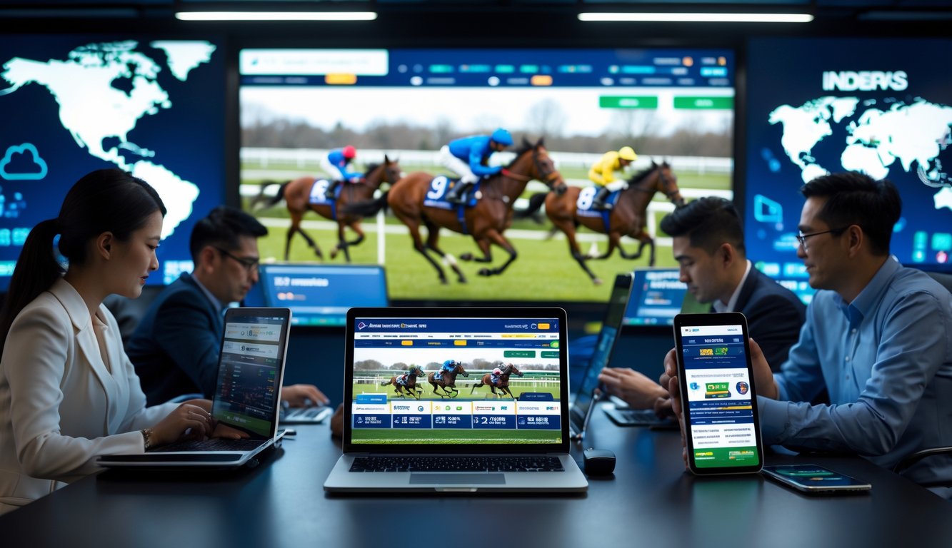 Orang-orang menggunakan perangkat digital untuk bertaruh pada balapan kuda internasional di sebuah ruangan modern.
