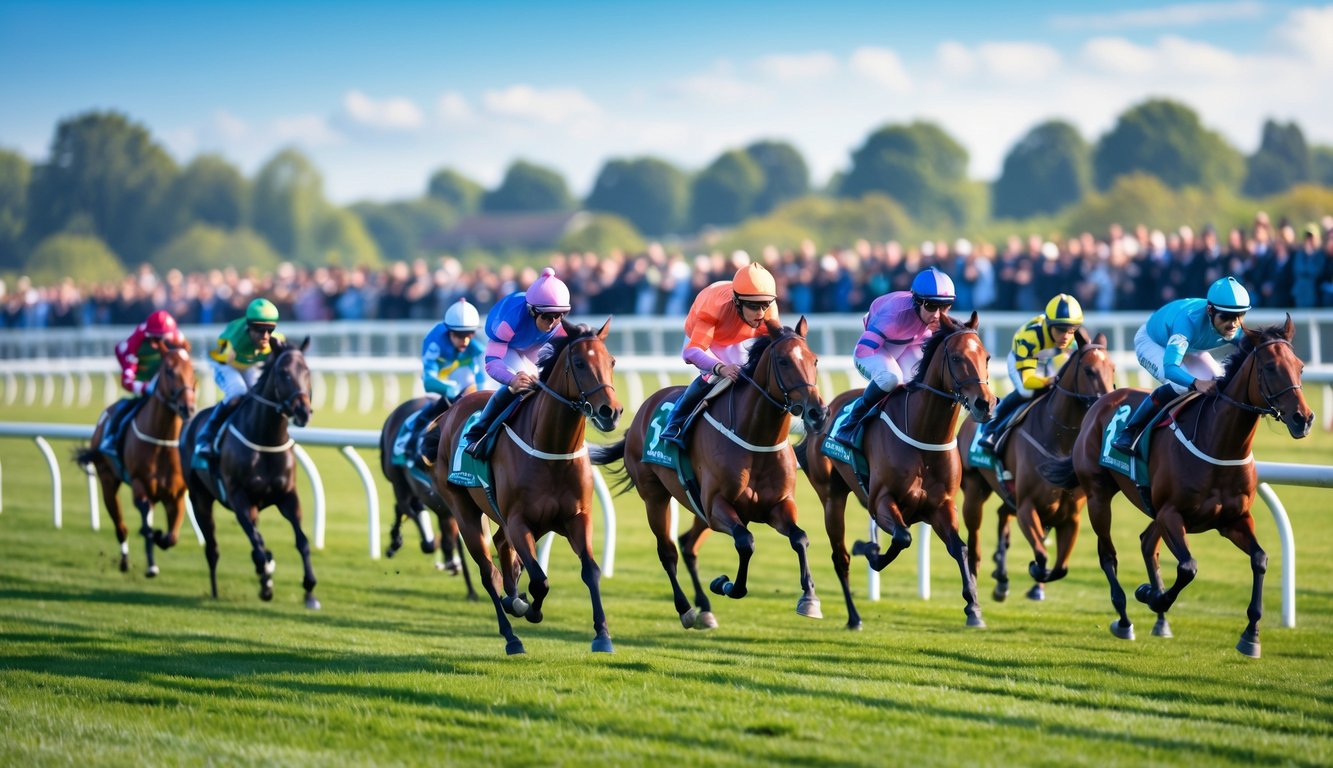 Adegan pacuan kuda dengan kuda dan joki berlari di lintasan, penonton menonton dan menggunakan perangkat untuk siaran langsung.