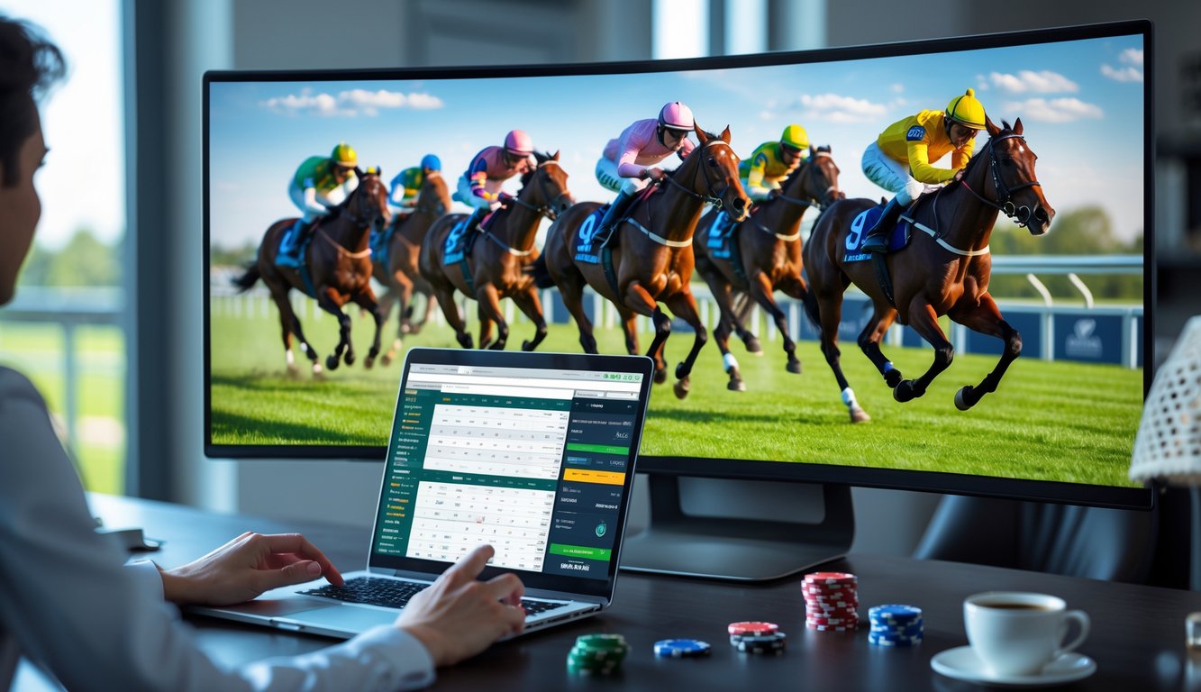 Seseorang menggunakan laptop dan ponsel untuk menonton siaran langsung pacuan kuda sambil memasang taruhan di meja kerja modern.