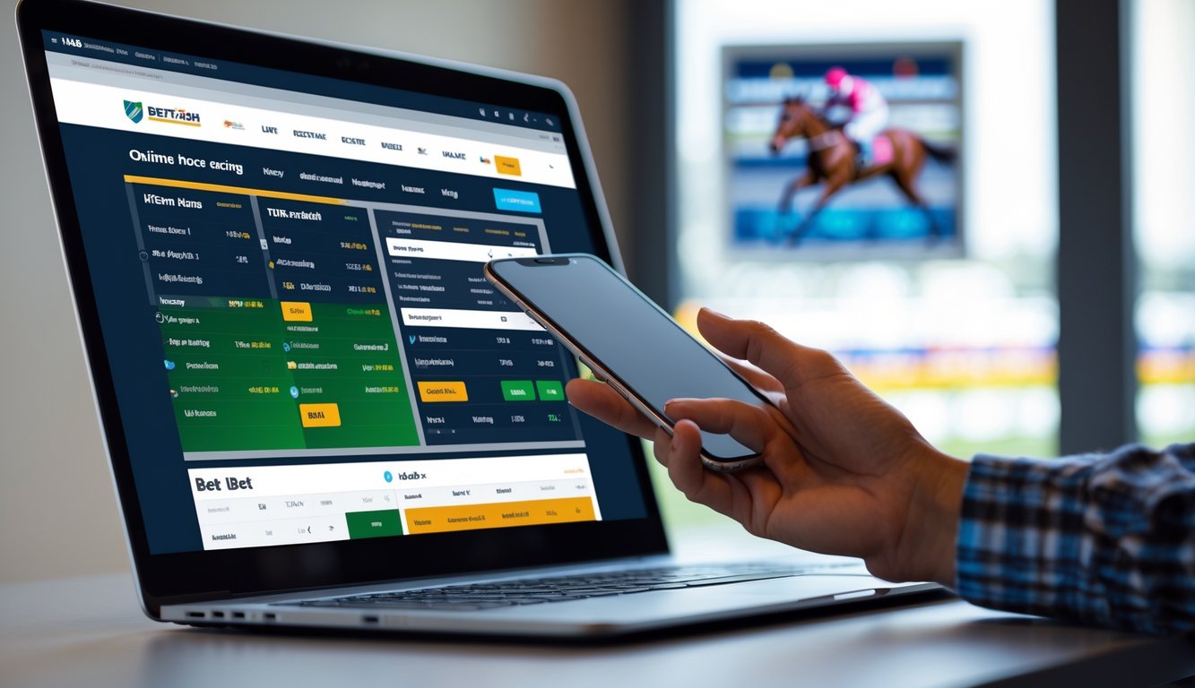 Seseorang menggunakan laptop dan ponsel untuk memasang taruhan pacuan kuda secara online di lingkungan yang profesional.